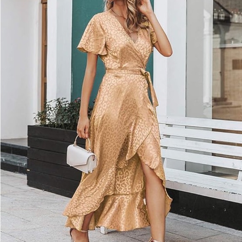 Simple Champagne Gold High-Low Wrap Dress